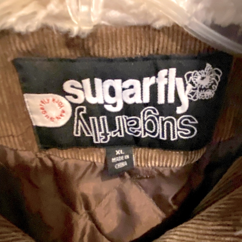 90’S VINTAGE~SUGARFLY BROWN CORDUROY JACKET- FAUX FUR OFF WHITE COLLAR~TRULY 90S - Picture 9 of 10